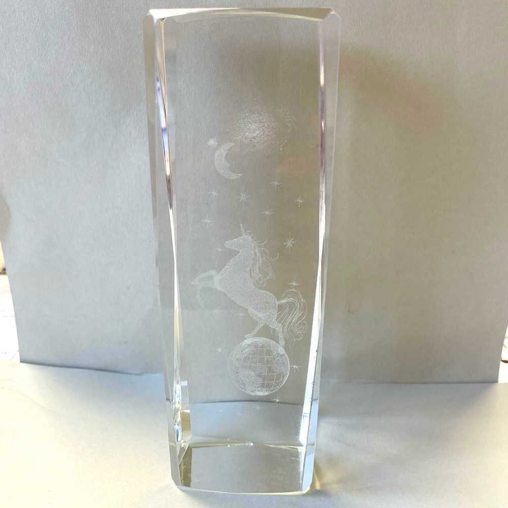 Clear Glass Laser Etched 3D Unicorn 6x2x2 Paperweight